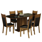 Conjunto Sala de Jantar Mesa Tampo de Vidro 6 Cadeiras Preto/Rustic Francine Madesa