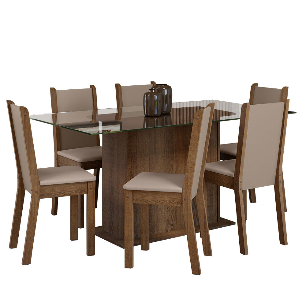 Conjunto Sala de Jantar Mesa Tampo de Vidro 6 Cadeiras Rustic/Crema/Sintético Bege Yolanda Madesa
