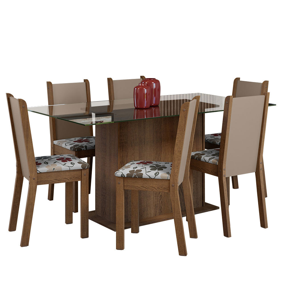 Conjunto Sala de Jantar Mesa Tampo de Vidro 6 Cadeiras Rustic/Crema/Floral Hibiscos Yolanda Madesa