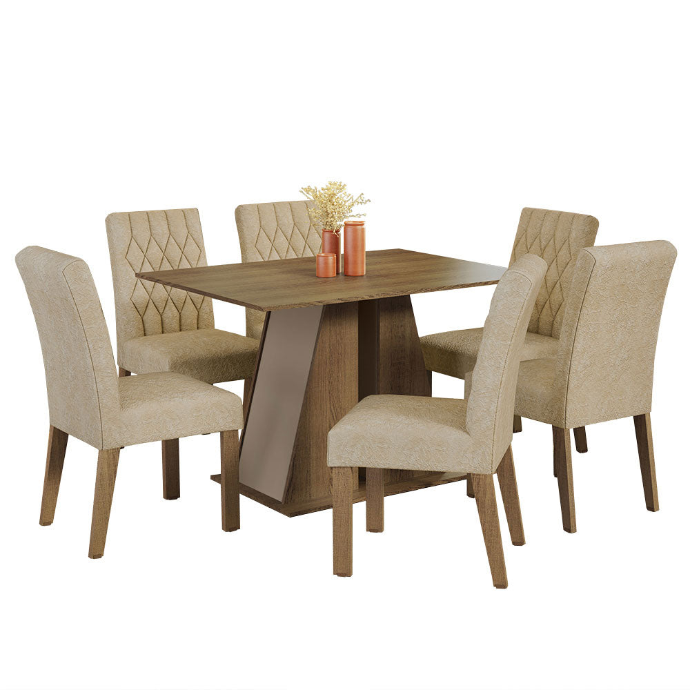 Conjunto Sala de Jantar Mesa Tampo de Madeira 6 Cadeiras Rustic/Crema/Imperial Fabiana Madesa