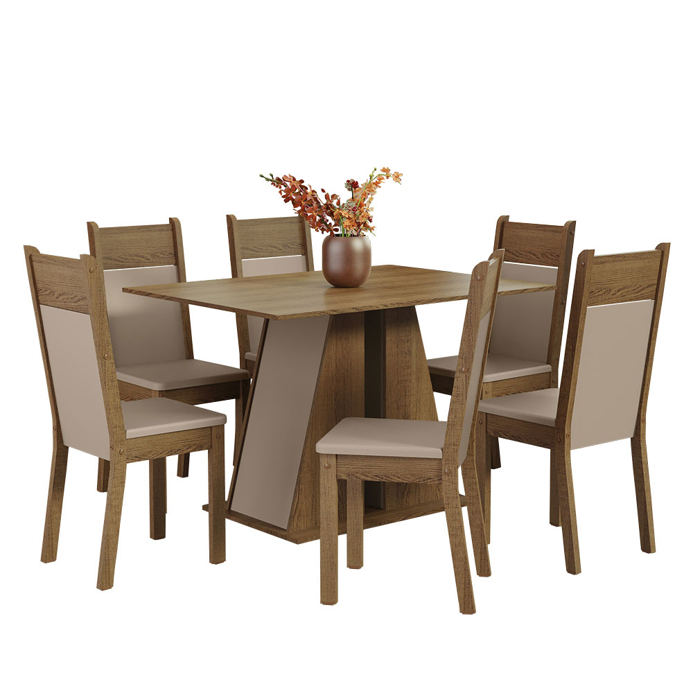 Conjunto Sala de Jantar Mesa Tampo de Madeira 6 Cadeiras Rustic/Crema/Bege Beverly Madesa