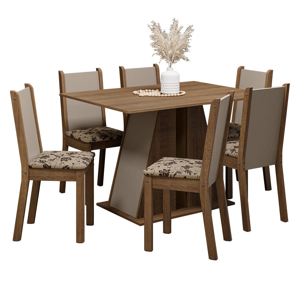 Conjunto Sala de Jantar Mesa Tampo de Madeira 6 Cadeiras Rustic/Crema/Bege Marrom Wendy Madesa
