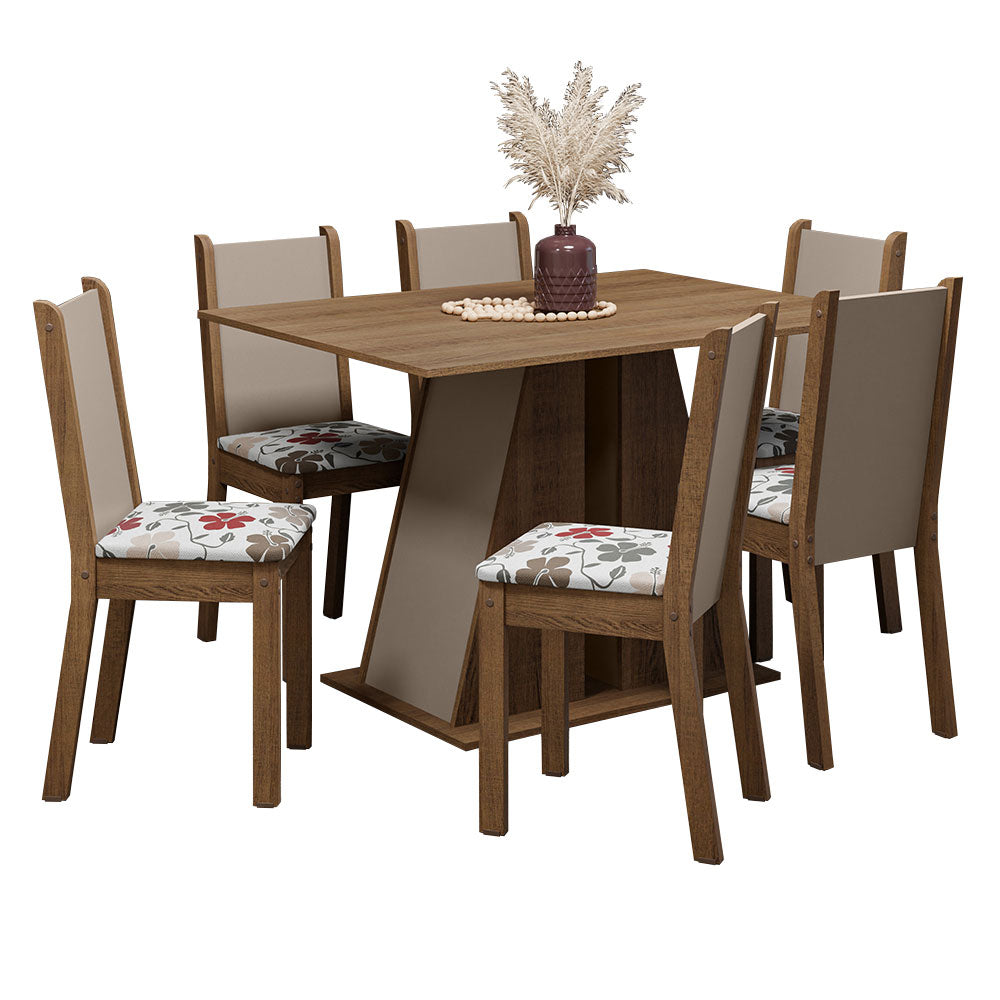 Conjunto Sala de Jantar Mesa Tampo de Madeira 6 Cadeiras Rustic/Crema/Hibiscos Wendy Madesa