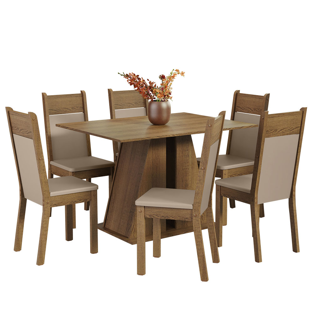 Conjunto Sala de Jantar Mesa Tampo de Madeira 6 Cadeiras Rustic/Bege Beverly Madesa