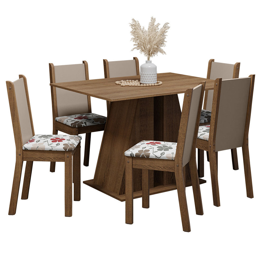 Conjunto Sala de Jantar Mesa Tampo de Madeira 6 Cadeiras Rustic/Hibiscos Wendy Madesa