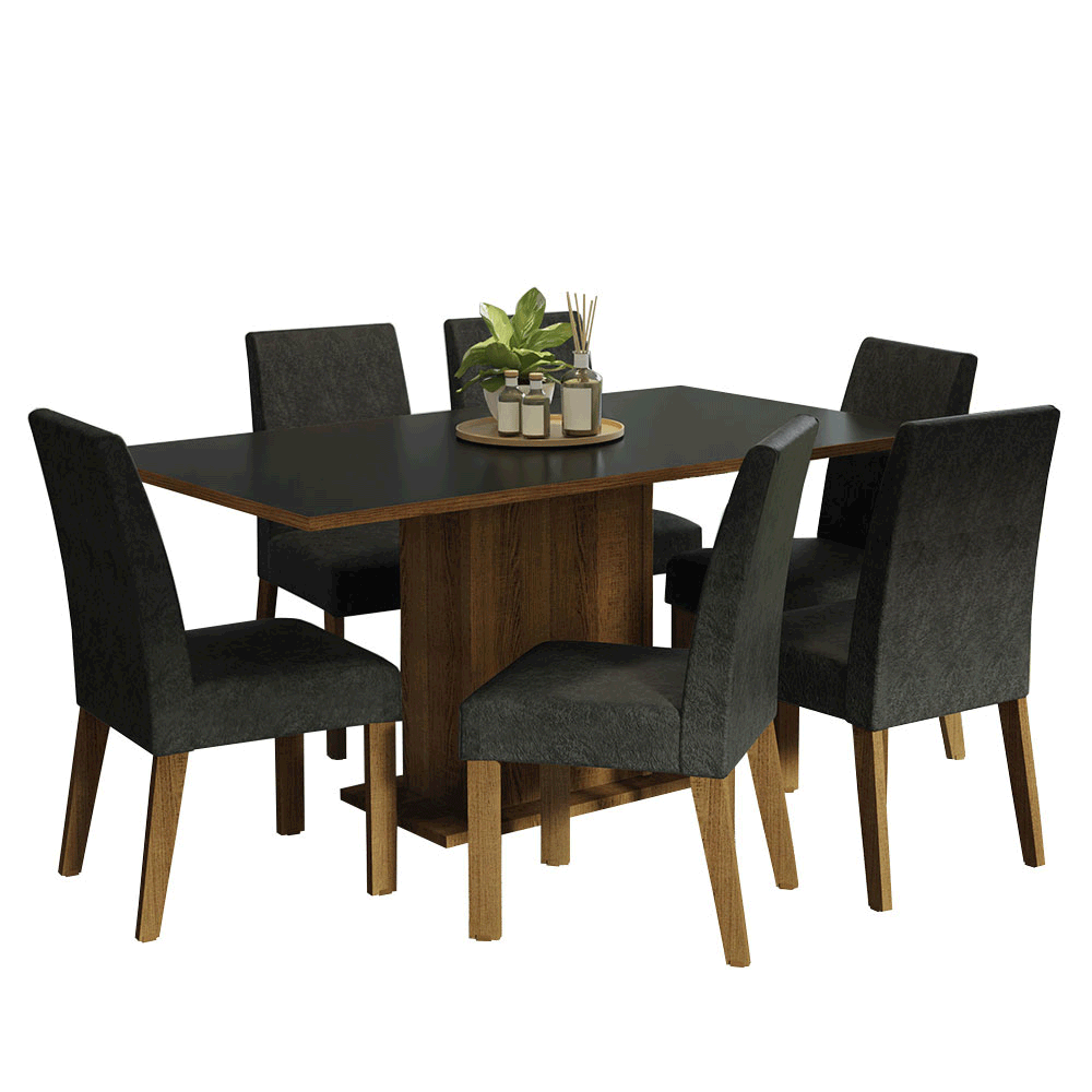 Conjunto Sala de Jantar Mesa Tampo de Madeira 6 Cadeiras Rustic/Preto/Oxford Renata Madesa