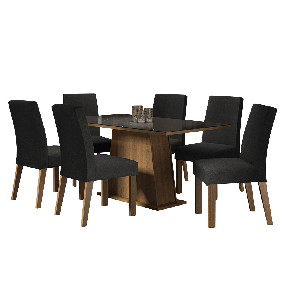 Conjunto Sala de Jantar Mesa Tampo de Vidro  6 Cadeiras Rustic/Preto/Oxford Patricia Madesa