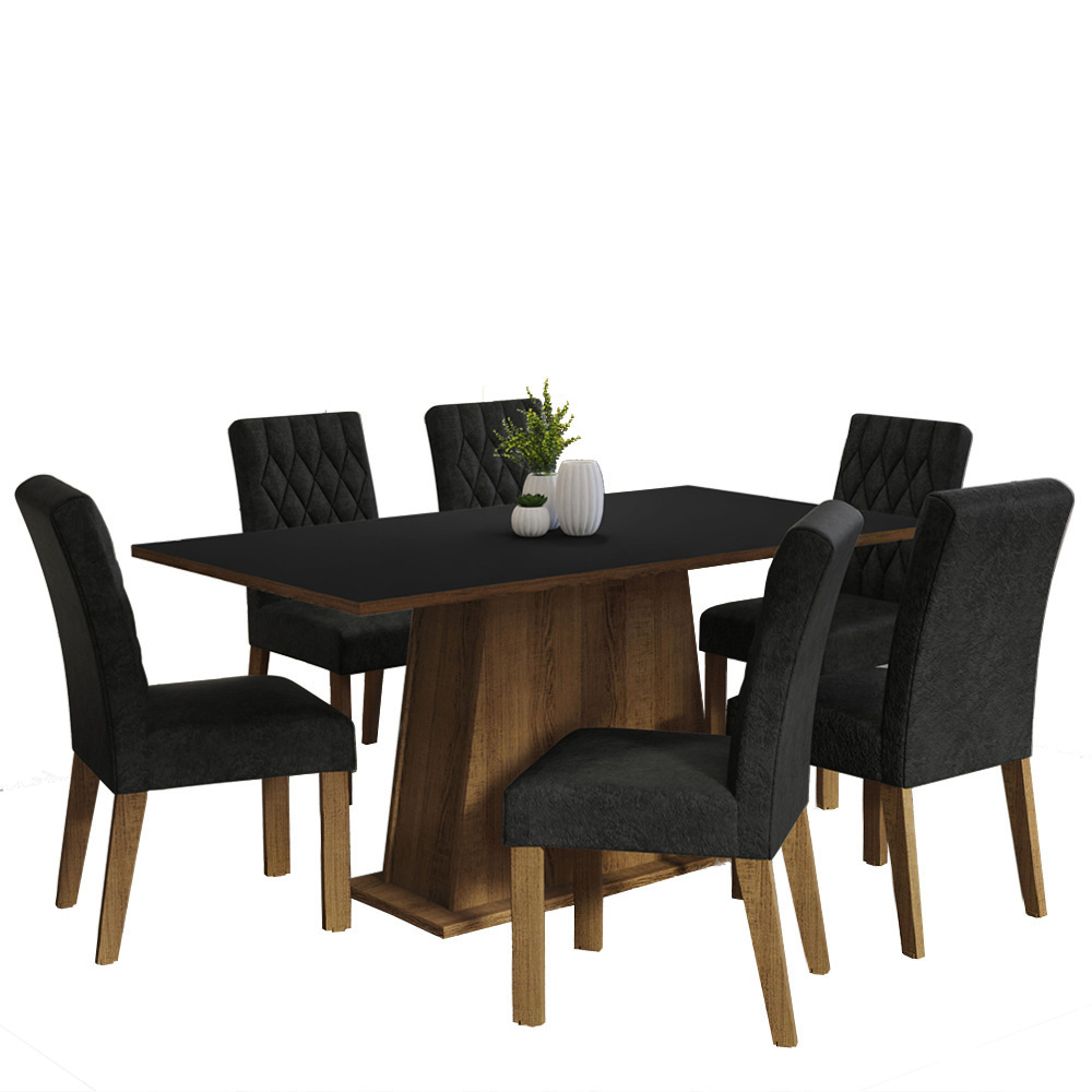 Conjunto Sala de Jantar Mesa Tampo de Madeira 6 Cadeiras Rustic/Preto/Oxford Britney Madesa