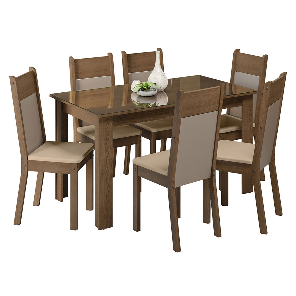 Conjunto Sala de Jantar Mesa Tampo de Vidro 6 Cadeiras Rustic/Crema/Bege Zoe Madesa