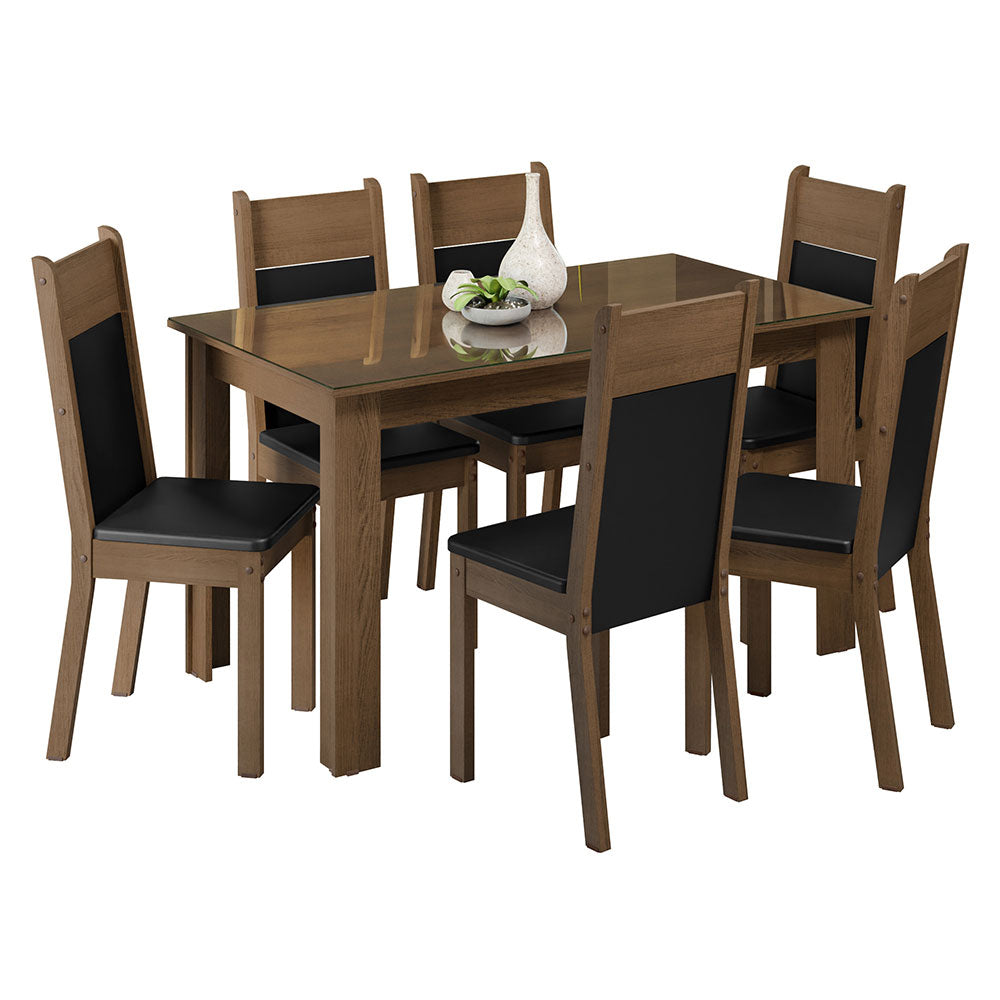 Conjunto Sala de Jantar Mesa Tampo de Vidro 6 Cadeiras Rustic/Preto Zoe Madesa