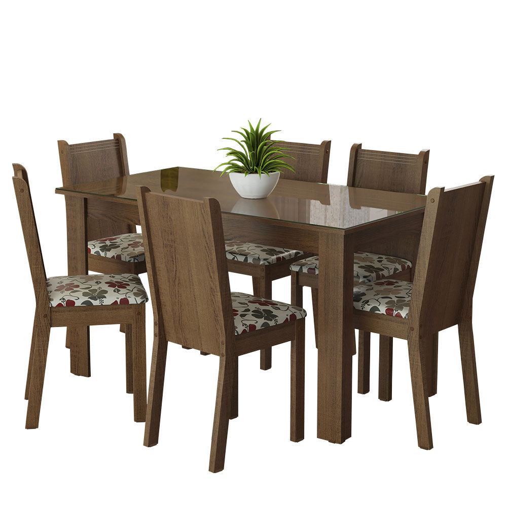 Conjunto Sala de Jantar Mesa Tampo de Vidro 6 Cadeiras Rustic/Hibiscos Isla Madesa
