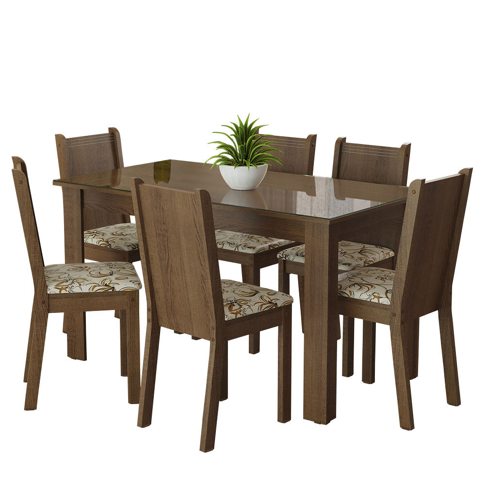 Conjunto Sala de Jantar Mesa Tampo de Vidro 6 Cadeiras Rustic/Lírio Bege Isla Madesa