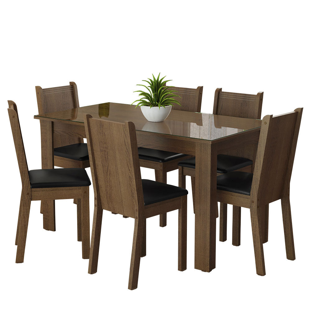 Conjunto Sala de Jantar Mesa Tampo de Vidro 6 Cadeiras Rustic/Sintético Preto Isla Madesa