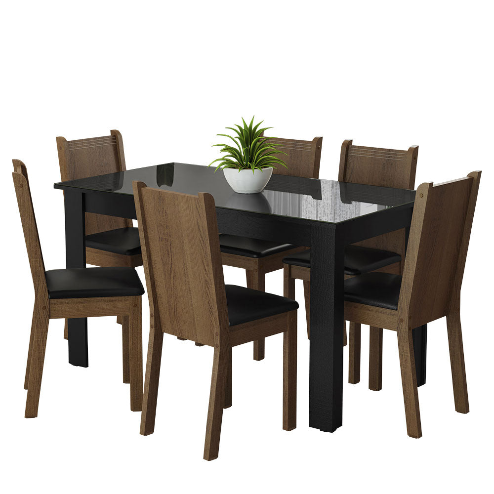Conjunto Sala de Jantar Mesa Tampo de Vidro 6 Cadeiras Preto/Rustic Isla Madesa