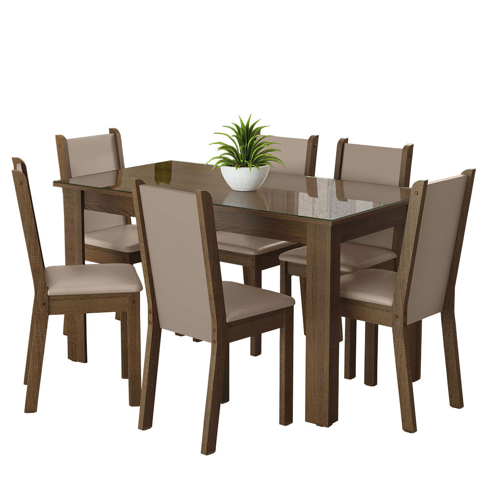 Conjunto Sala de Jantar Mesa Tampo de Vidro 6 Cadeiras Rustic/Crema/Bege Heloísa Madesa