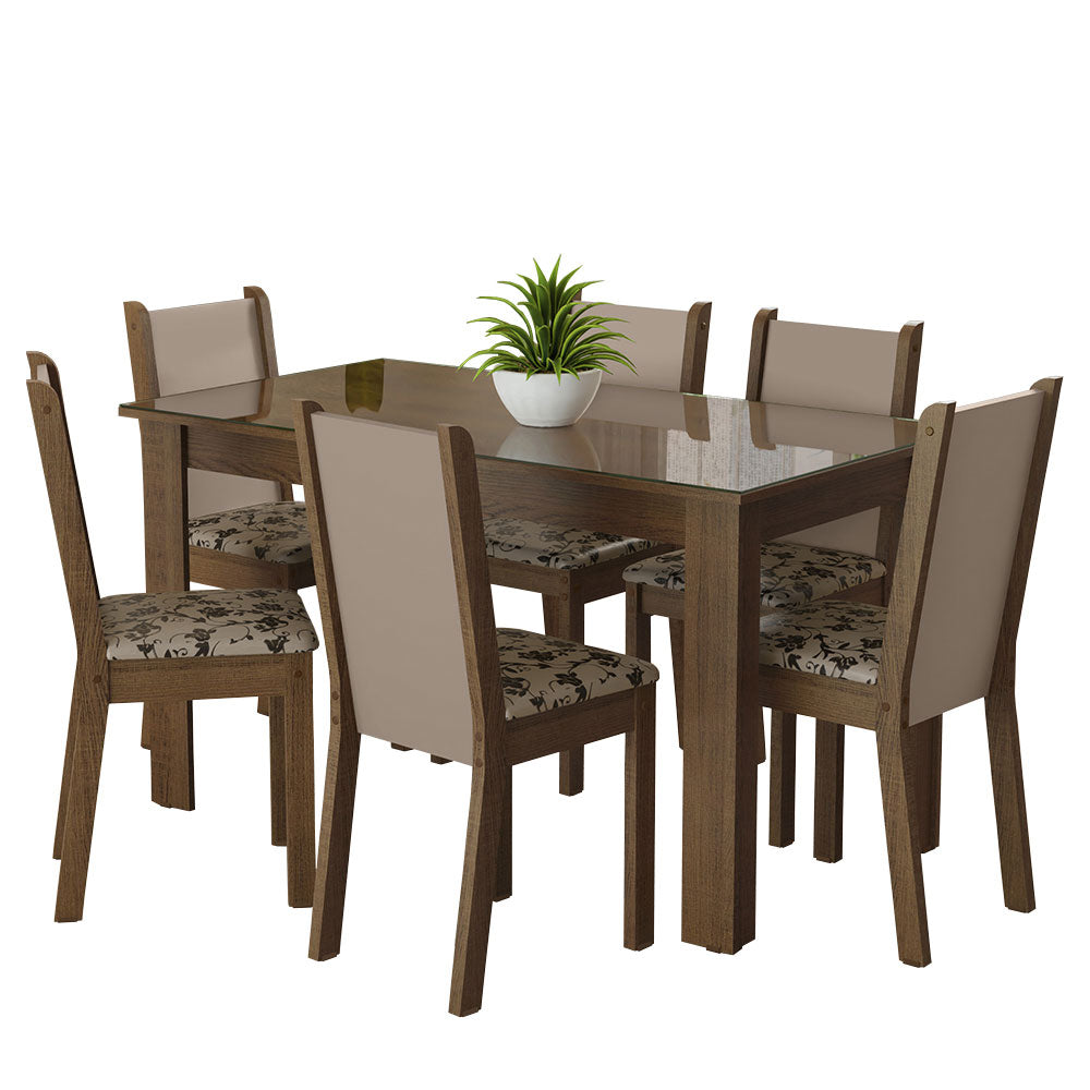 Conjunto Sala de Jantar Mesa Tampo de Vidro 6 Cadeiras Rustic/Crema/Bege Marrom Heloísa Madesa