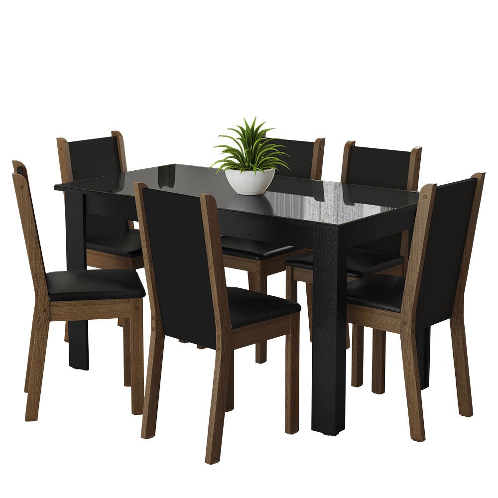 Conjunto Sala de Jantar Mesa Tampo de Vidro 6 Cadeiras Preto/Rustic Heloísa Madesa