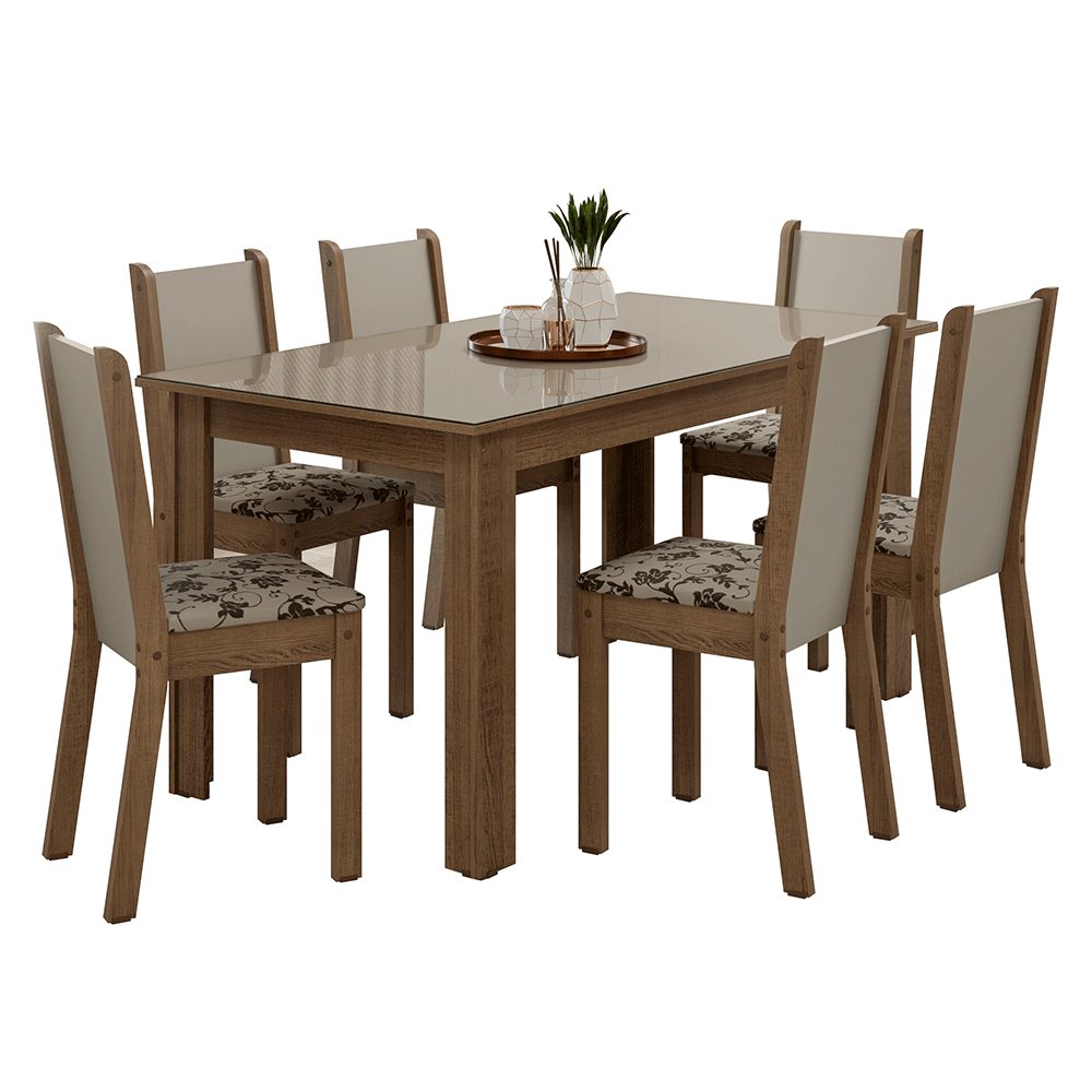 Conjunto Sala de Jantar Elóra Mesa Tampo de Vidro 6 Cadeiras Rustic/Crema/Bege Marrom Madesa