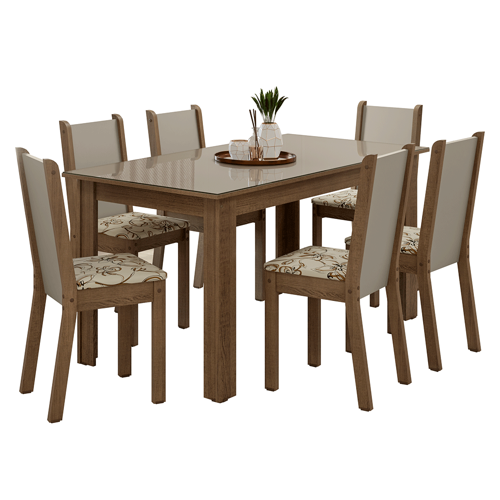 Conjunto Sala de Jantar Elóra Mesa Tampo de Vidro 6 Cadeiras Rustic/Crema/Lírio Bege Madesa