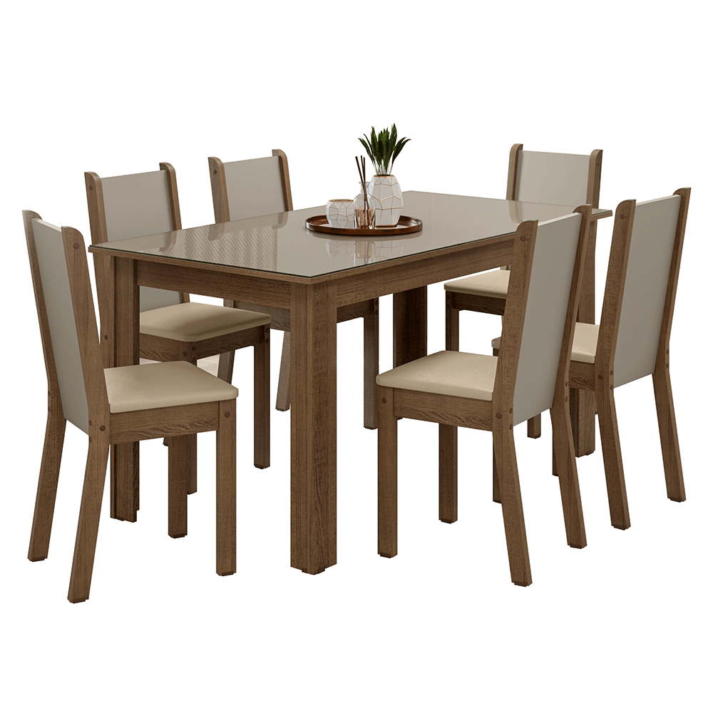 Conjunto Sala de Jantar Elóra Mesa Tampo de Vidro 6 Cadeiras Rustic/Crema/Sintético Bege Madesa