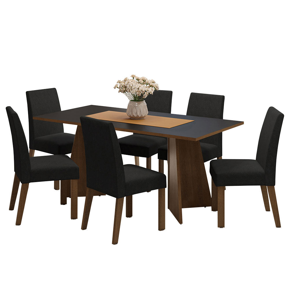 Conjunto Sala de Jantar Mesa Tampo de Madeira 6 Cadeiras Rustic/Preto/Oxford Simone Madesa