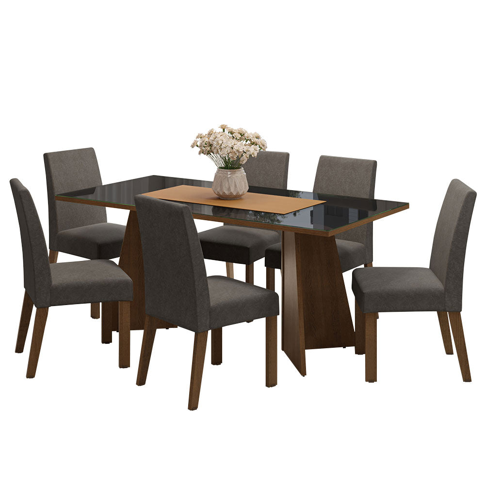Conjunto Sala de Jantar Mesa Tampo de Vidro 6 Cadeiras Rustic/Preto/Silver Valerie Madesa