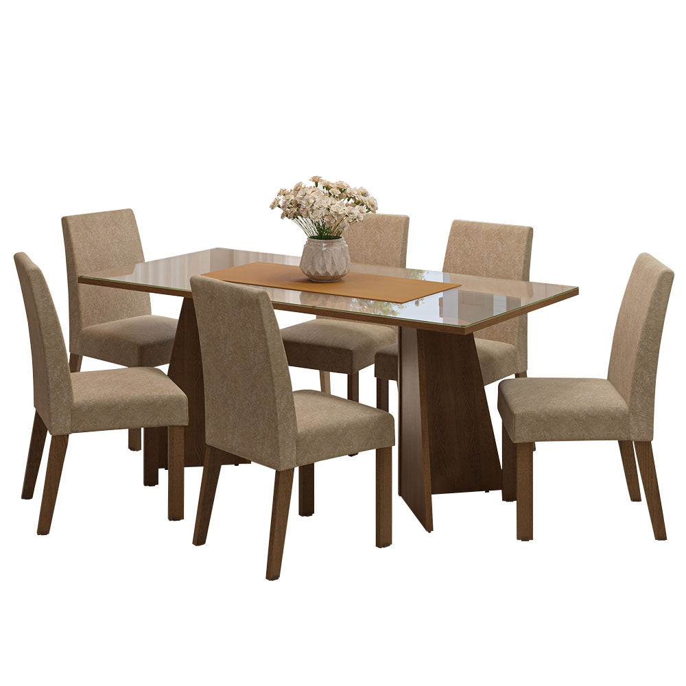 Conjunto Sala de Jantar Mesa Tampo de Vidro 6 Cadeiras Rustic/Crema/Imperial Valerie Madesa