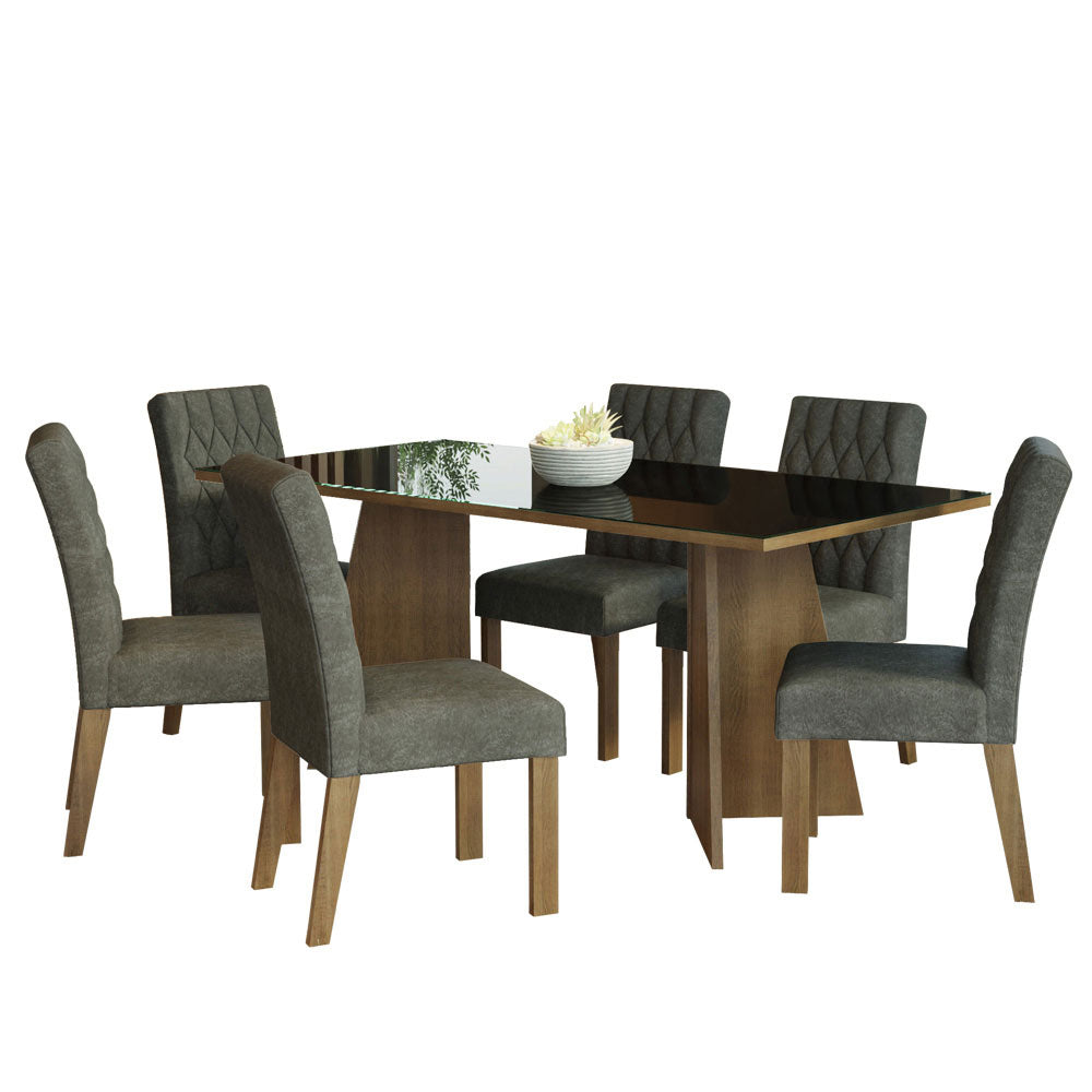 Conjunto Sala de Jantar Mesa Tampo de Vidro 6 Cadeiras Rustic/Preto/Silver Marissa Madesa