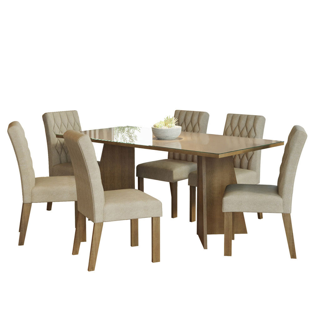 Conjunto Sala de Jantar Mesa Tampo de Vidro 6 Cadeiras Rustic/Crema/Imperial Marissa Madesa