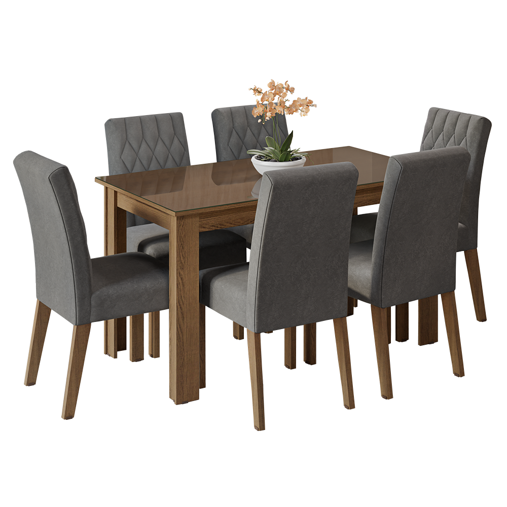 Conjunto Sala de Jantar Mesa Tampo de Vidro 6 Cadeiras Rustic/Silver Odara Madesa