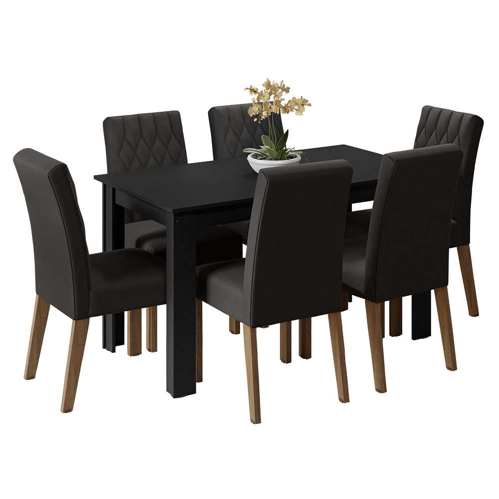 Conjunto Sala de Jantar Mesa Tampo de Madeira 6 Cadeiras Rustic/Preto/Oxford Allegro Madesa