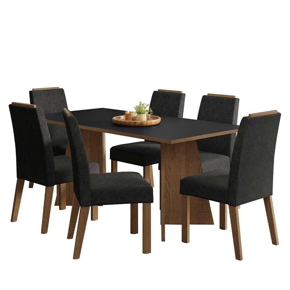Conjunto Sala de Jantar Tampo de Madeira 6 Cadeiras Rustic/Preto/Oxford Minsk Madesa