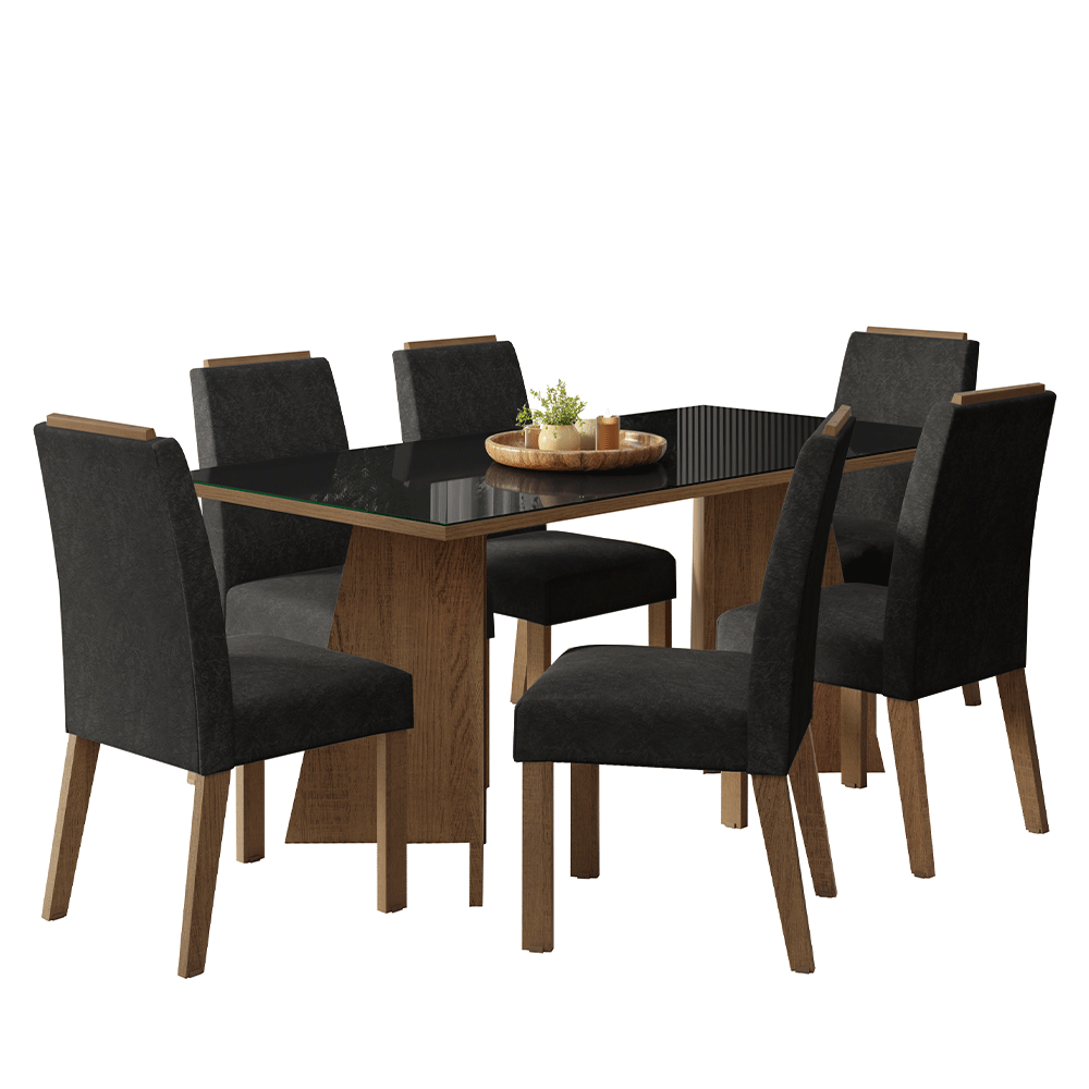 Conjunto Sala de Jantar Tampo de Vidro 6 Cadeiras Rustic/Preto/Oxford Amalfi Madesa