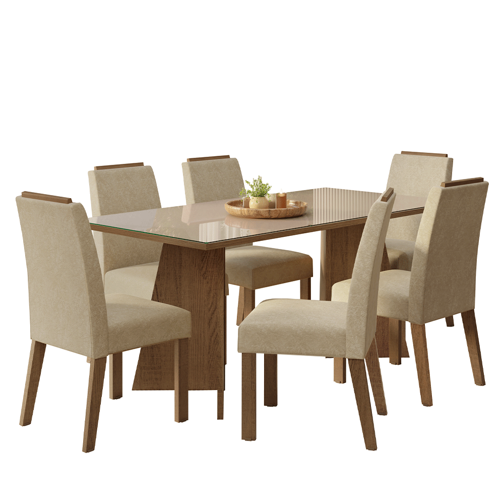 Conjunto Sala de Jantar Tampo de Vidro 6 Cadeiras Rustic/Crema/Imperial Amalfi Madesa