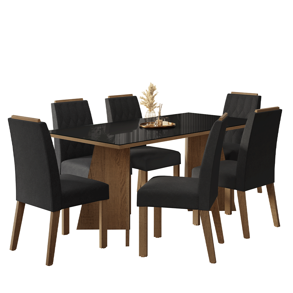 Conjunto Sala de Jantar Tampo de Vidro 6 Cadeiras Rustic/Preto/Oxford Siena Madesa