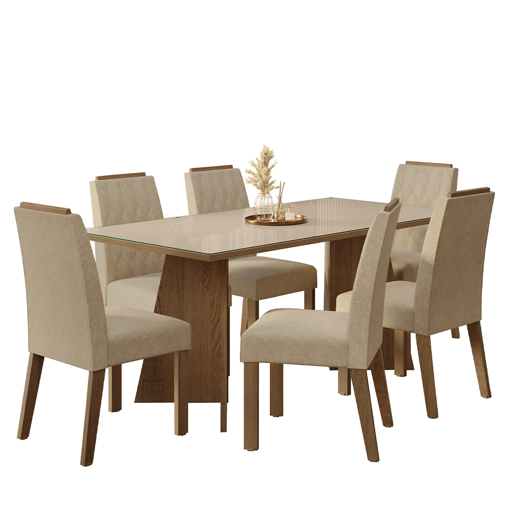 Conjunto Sala de Jantar Tampo de Vidro 6 Cadeiras Rustic/Crema/Imperial Siena Madesa