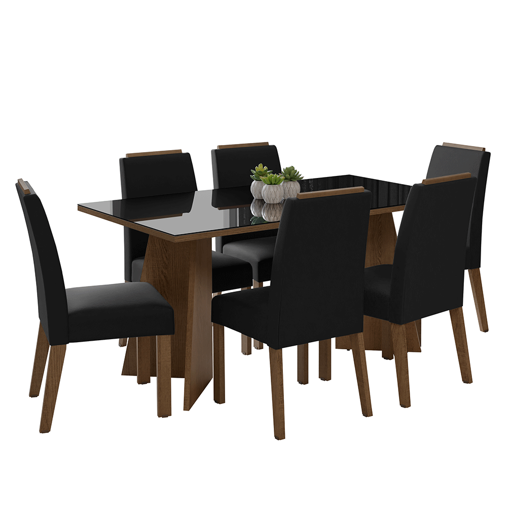 Conjunto Sala de Jantar Tampo de Vidro 6 Cadeiras Rustic/Preto/Oxford Madrid Madesa