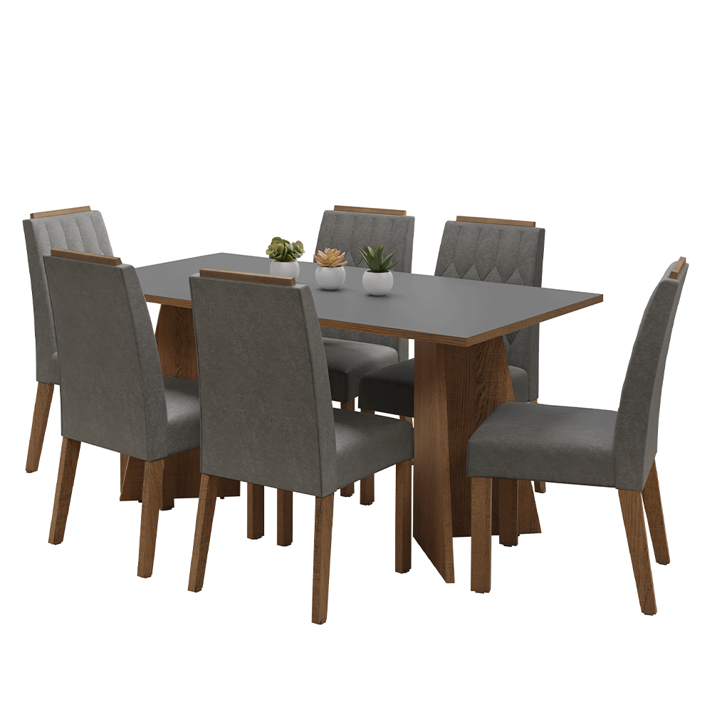 Conjunto Sala de Jantar Tampo de Madeira 6 Cadeiras Rustic/Cinza/Silver Leon Madesa