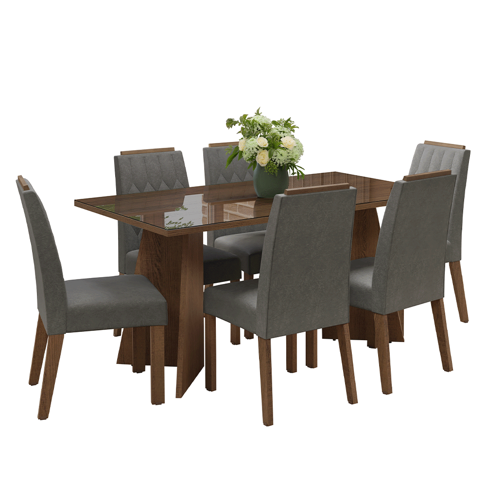 Conjunto Sala de Jantar Tampo de Vidro 6 Cadeiras Rustic/Silver Sintra Madesa