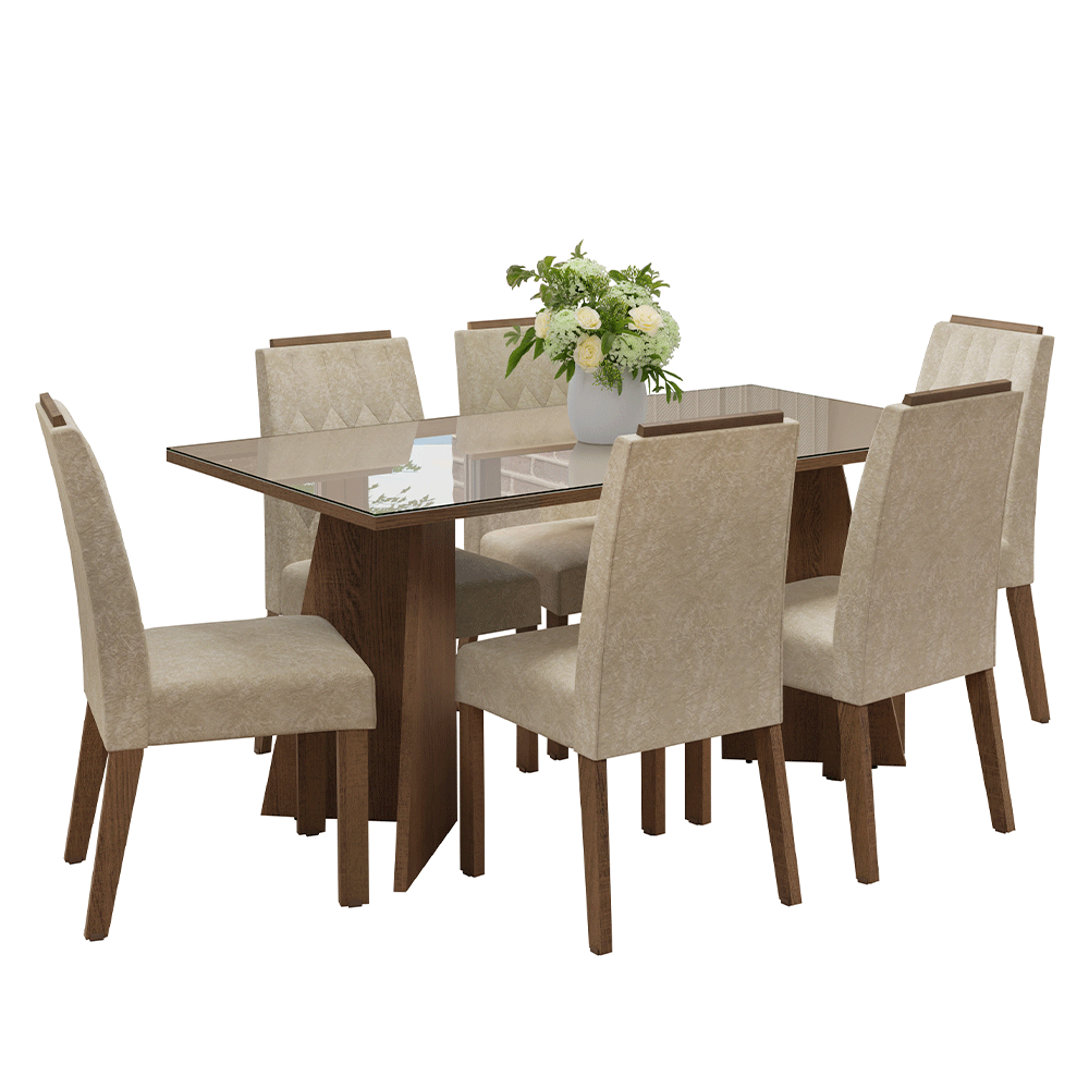 Conjunto Sala de Jantar Tampo de Vidro 6 Cadeiras Rustic/Crema/Imperial Sintra Madesa
