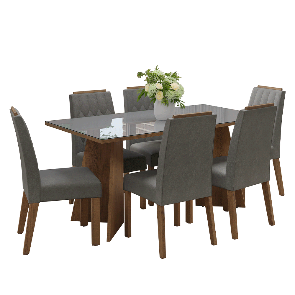 Conjunto Sala de Jantar Tampo de Vidro 6 Cadeiras Rustic/Cinza/Silver Sintra Madesa