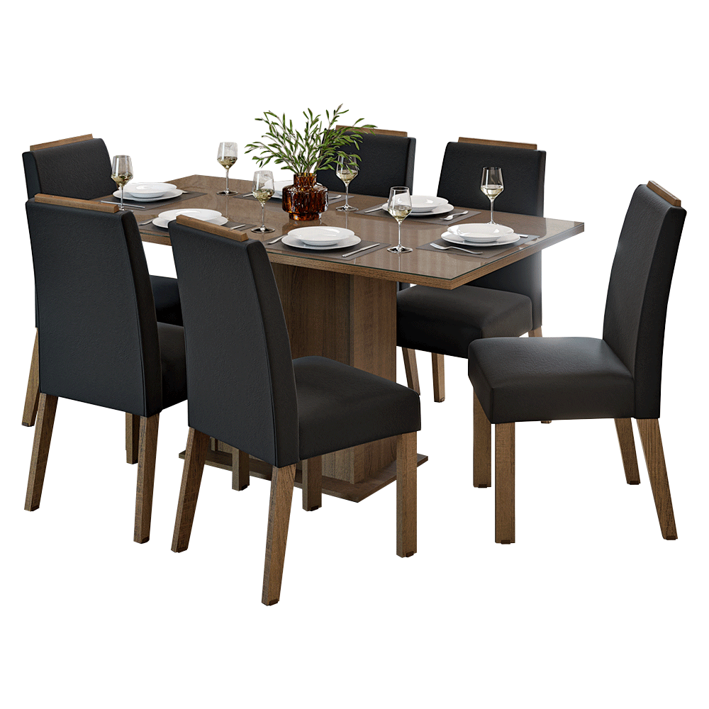 Conjunto Sala de Jantar Tampo de Vidro 6 Cadeiras Rustic/Oxford Dália Madesa
