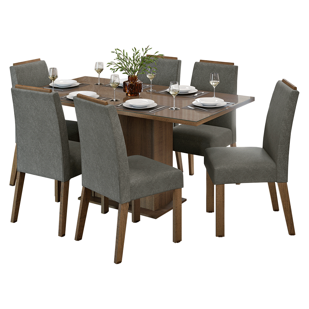 Conjunto Sala de Jantar Tampo de Vidro 6 Cadeiras Rustic/Silver Dália Madesa