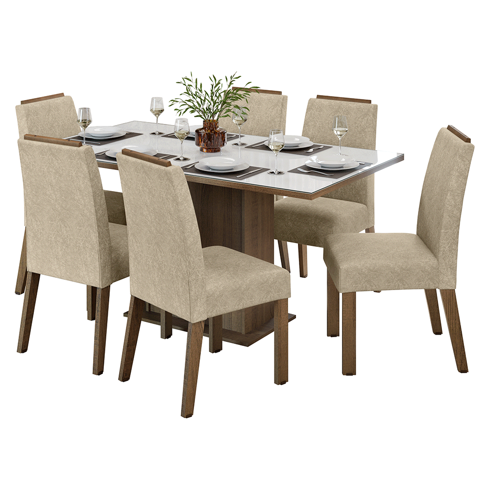 Conjunto Sala de Jantar Tampo de Vidro 6 Cadeiras Rustic/Branco/Imperial Dália Madesa