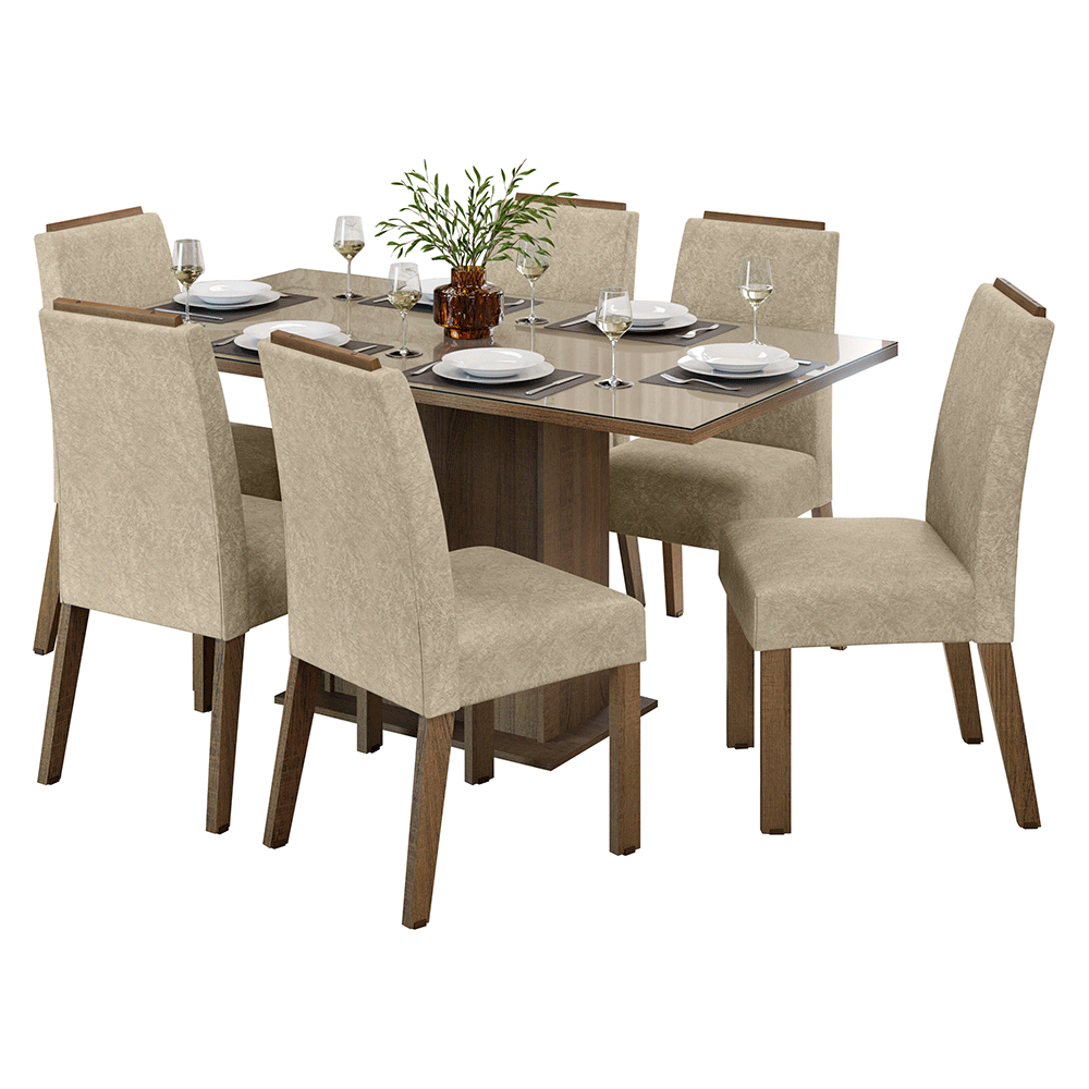 Conjunto Sala de Jantar Tampo de Vidro 6 Cadeiras Rustic/Crema/Imperial Dália Madesa