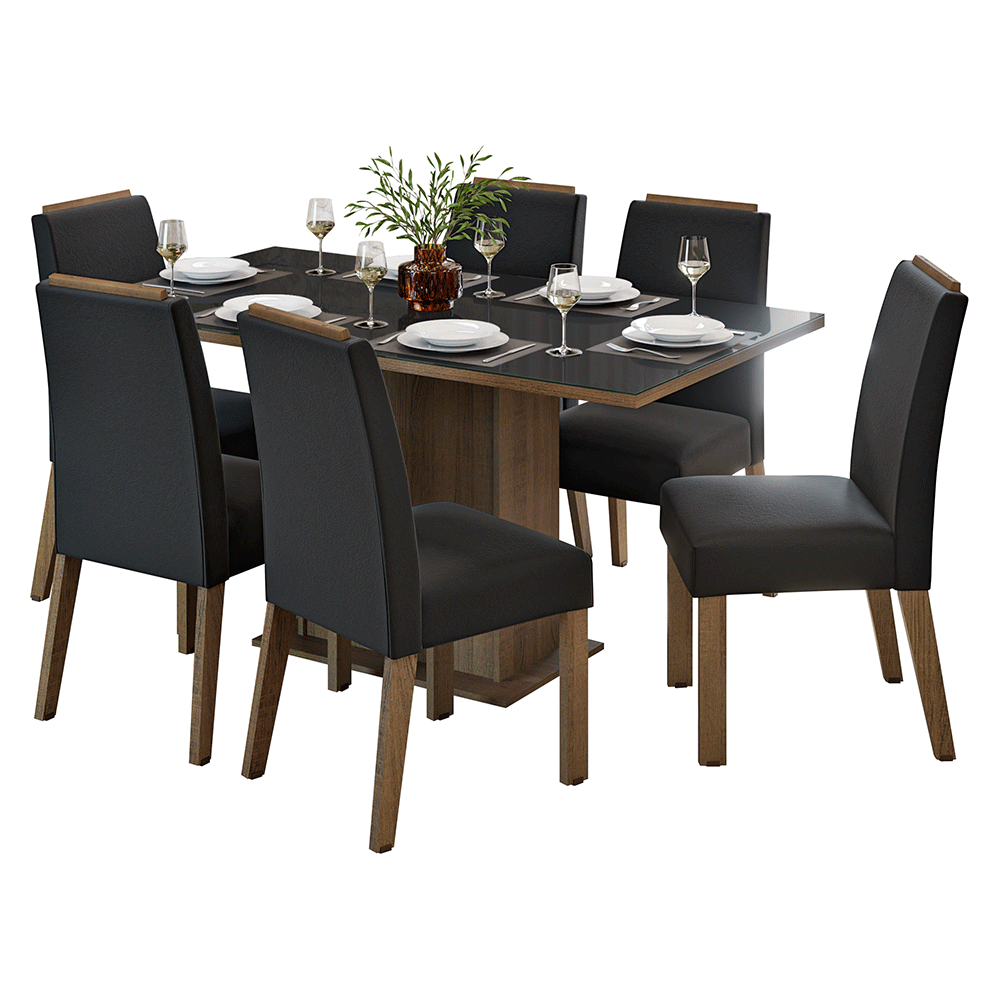Conjunto Sala de Jantar Tampo de Vidro 6 Cadeiras Rustic/Preto/Oxford Dália Madesa