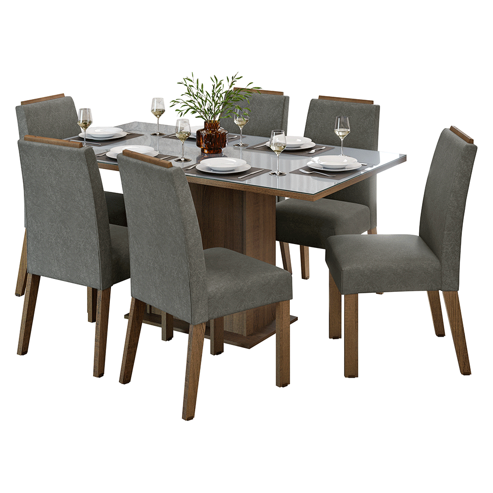 Conjunto Sala de Jantar Tampo de Vidro 6 Cadeiras Rustic/Cinza/Silver Dália Madesa