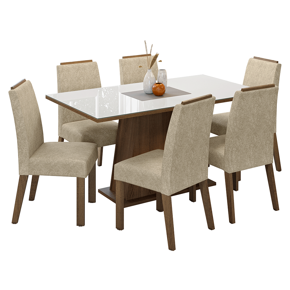 Conjunto Sala de Jantar Tampo de Vidro 6 Cadeiras Rustic/Branco/Imperial Tulipa Madesa