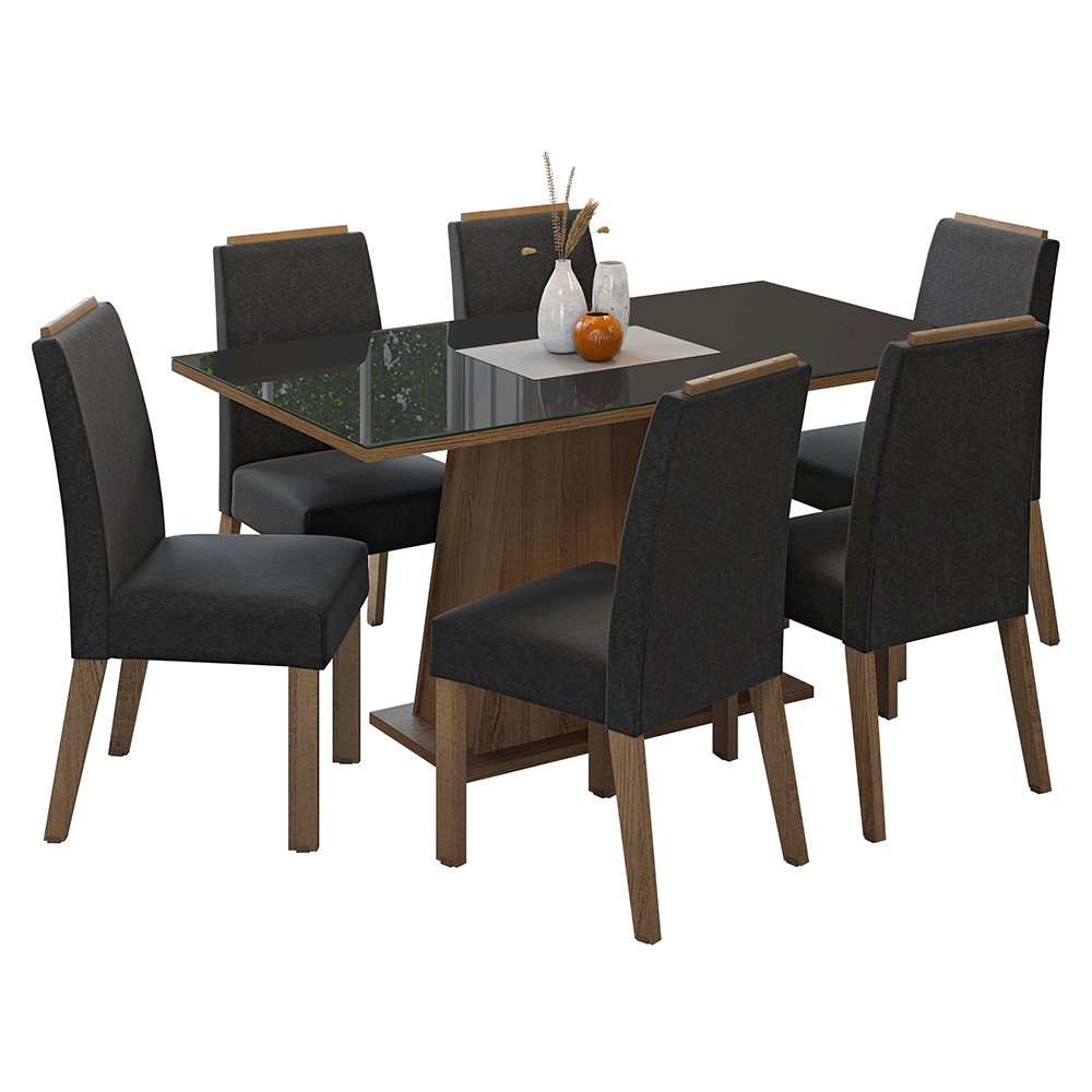 Conjunto Sala de Jantar Tampo de Vidro 6 Cadeiras Rustic/Preto/Oxford Tulipa Madesa