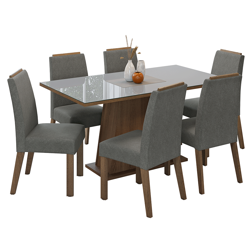 Conjunto Sala de Jantar Tampo de Vidro 6 Cadeiras Rustic/Cinza/Silver Tulipa Madesa